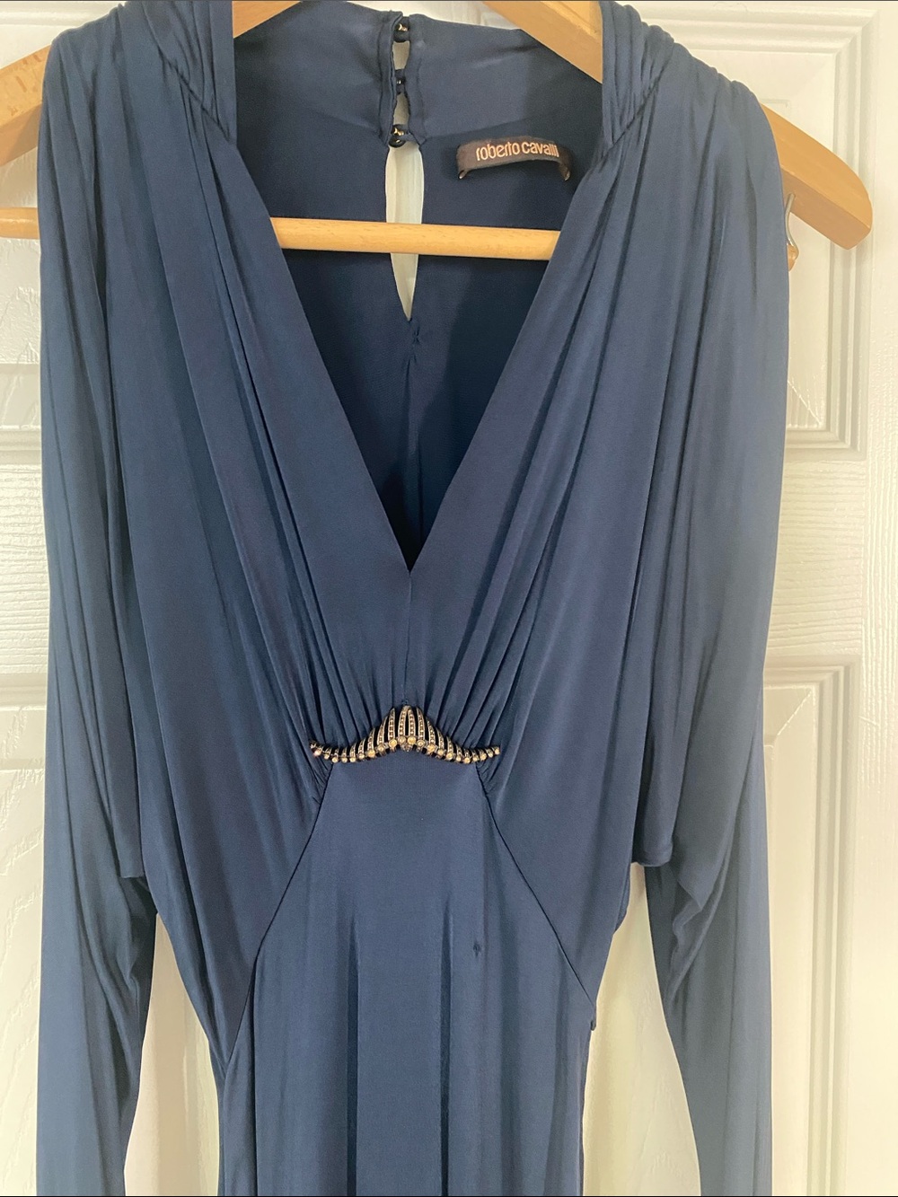 Roberto Cavalli Navy Plunging V-Neck Long Sleeve Dress with Gold Accent